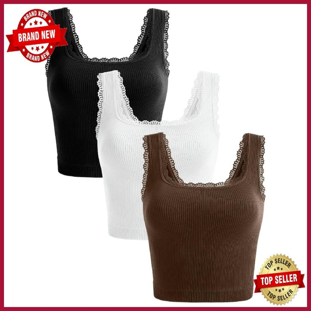3 Pack Seamless Ribbed Crop Tank Tops Square Neck Workout Yoga Gym